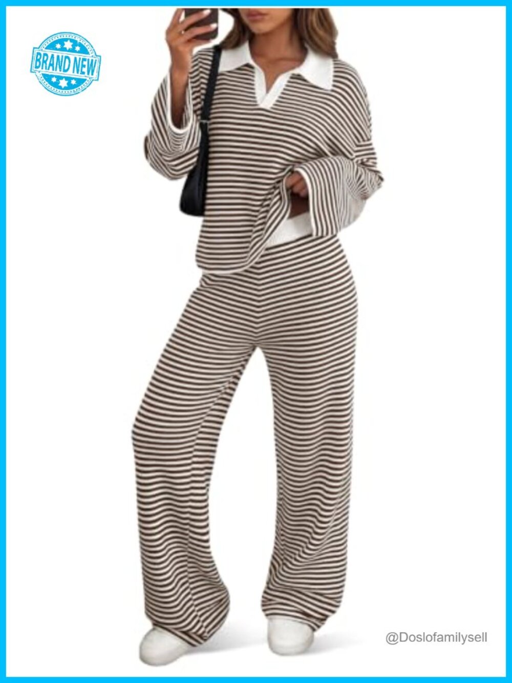 Striped Sweater Set 2 Piece Knit Lounge Outfit Collared Top Pants